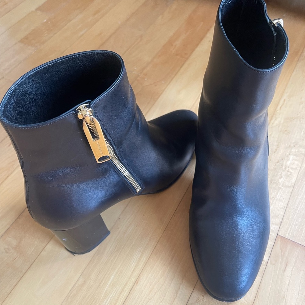 Burberry Black Leather Heeled Booties with Gold Detailing